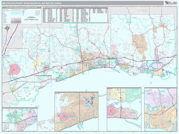 Biloxi-Gulfport-Pascagoula Metro Area Wall Map Premium Style